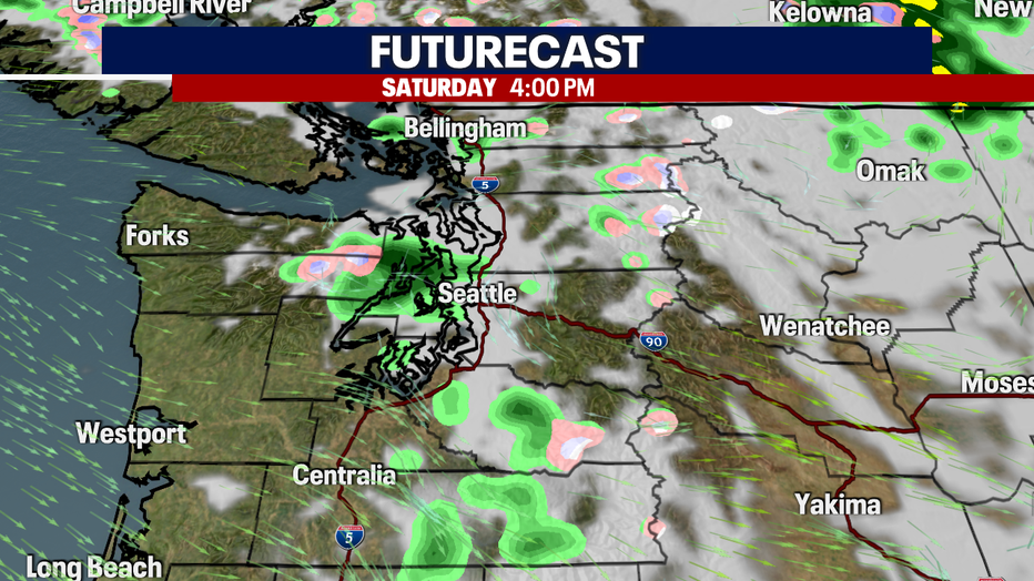 A map showing the rain futurecast for Saturday afternoon.