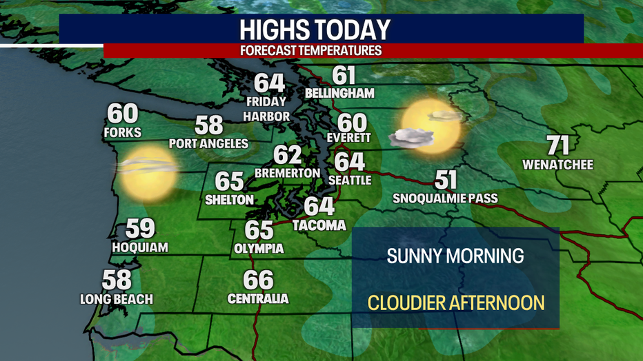 Highs will range at the average in the mid 60s for the greater Seattle area.