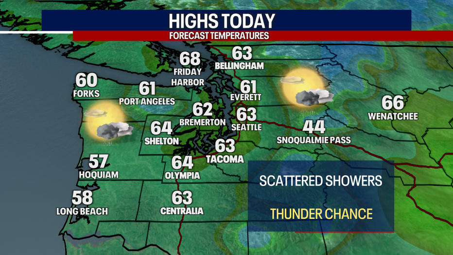 There might be damp weather in a few places west of Seattle on Monday.