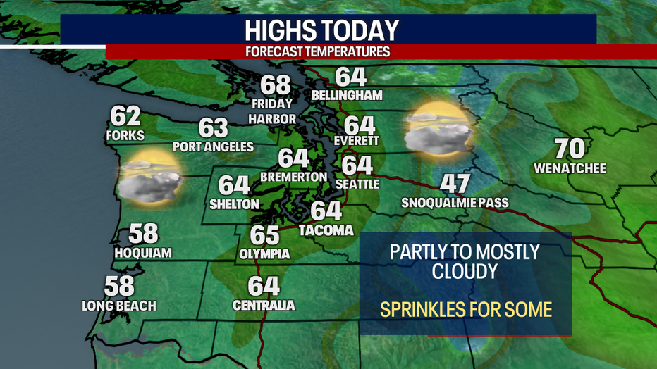 Partly sunny to mostly cloudy weather is forecast in Seattle on Tuesday.