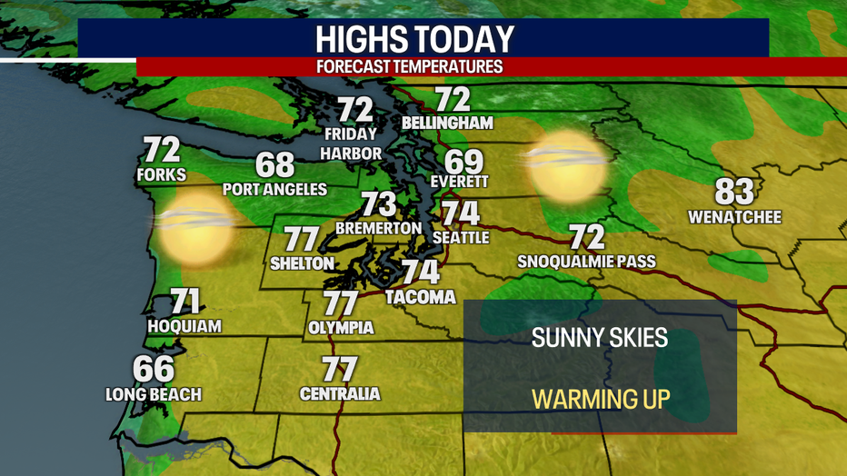 Mostly dry weather will continue in Seattle on Tuesday afternoon as highs reach the 70s.