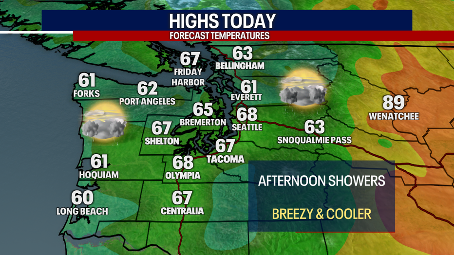 Clouds, showers and slightly breezy weather are a possibility on Saturday afternoon in Seattle.