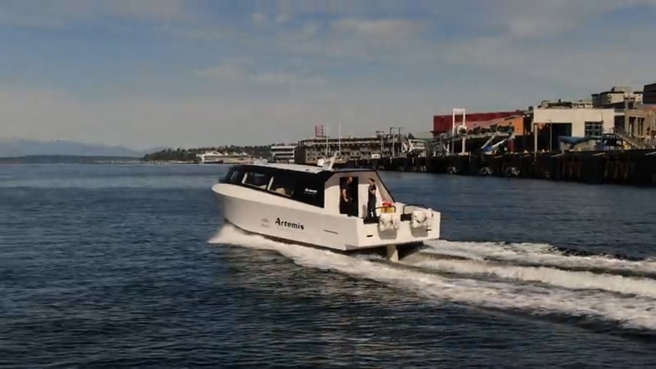 all-electric vessel leaving the harbor in puget sound