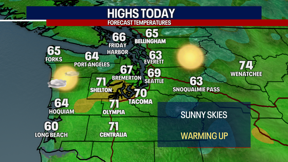 A map showing the high temperatures expected Monday in Western Washington.