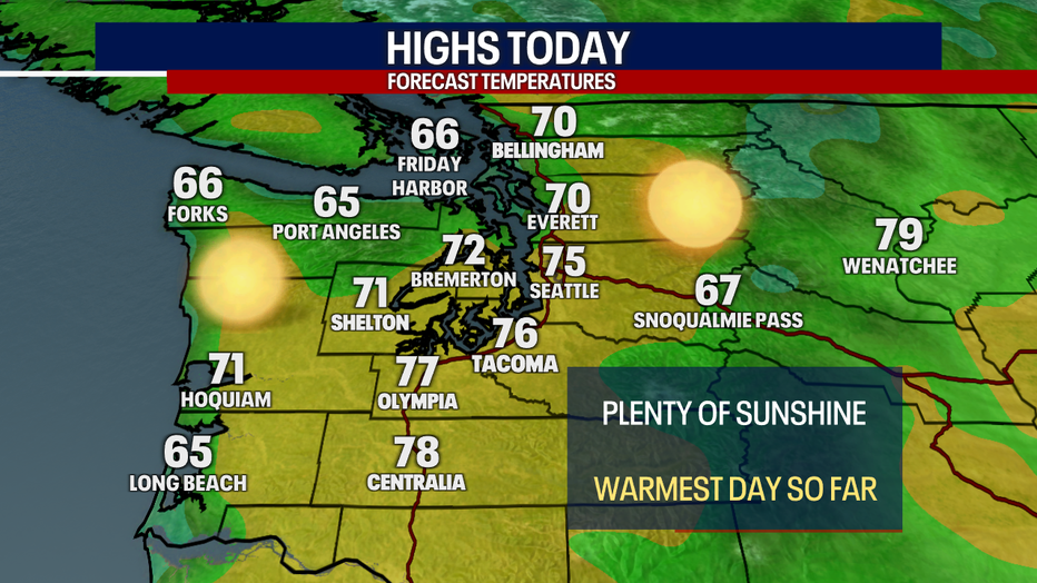A map showing the high temperatures expected in Western Washington on Thursday.