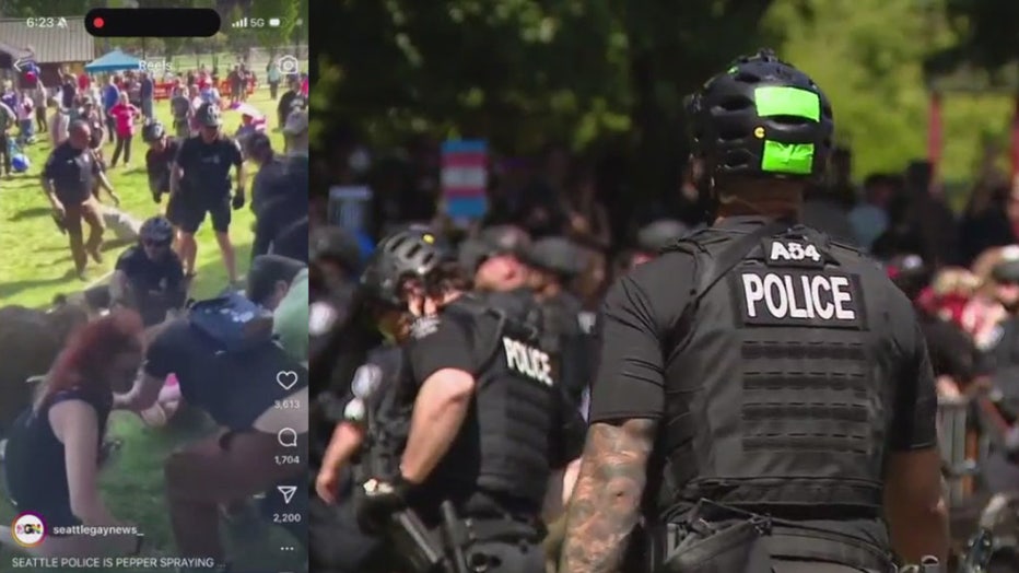Police officers at the scene of a far-right Christian rally in Seattle's Cal Anderson Park. Pro LGBTQ counterprotesters and others are seen clashing with police.