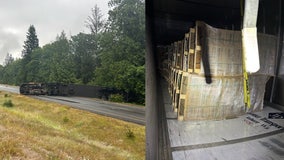 Semi-truck full of whiskey overturns, causing traffic on I-90 near Snoqualmie