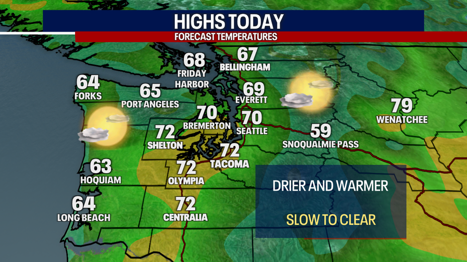 A map showing the high temperatures forecast for Sunday in Western Washington.