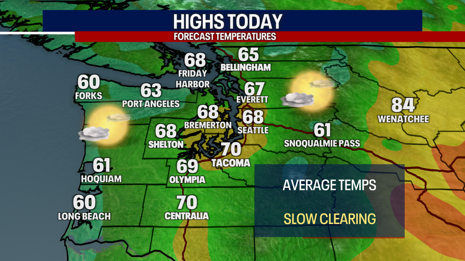 A map showing the high temperatures expected for Thursday in Western Washington.