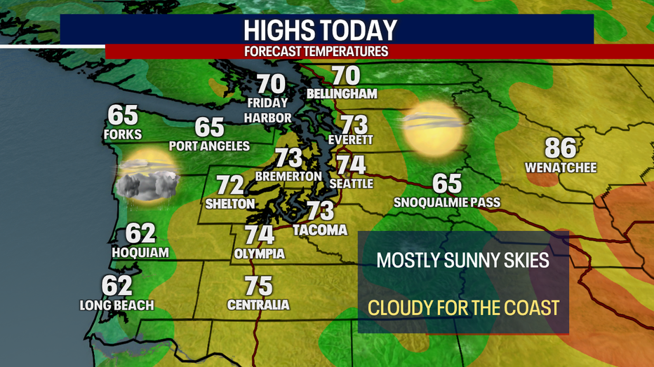 A map showing the forecast high temperatures Tuesday in Western Washington.