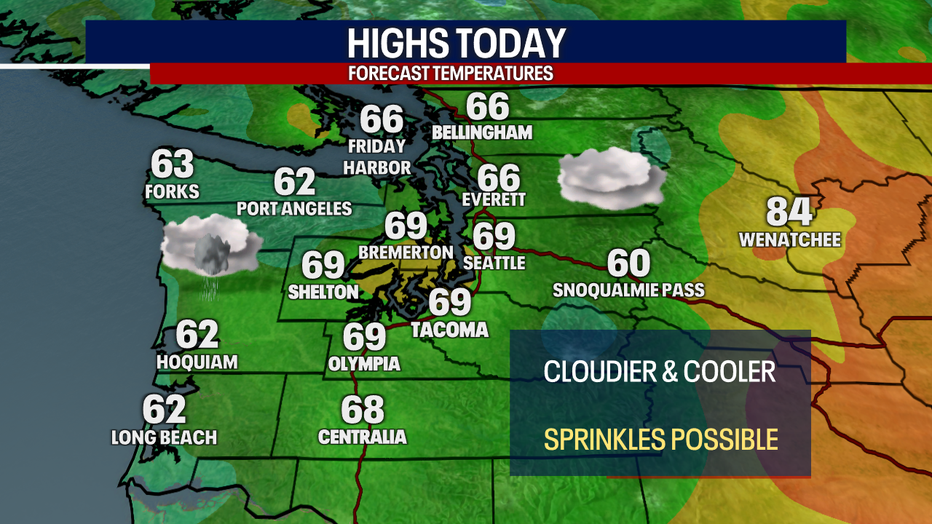 A map showing the forecasted high temperatures for Wednesday in Western Washington.