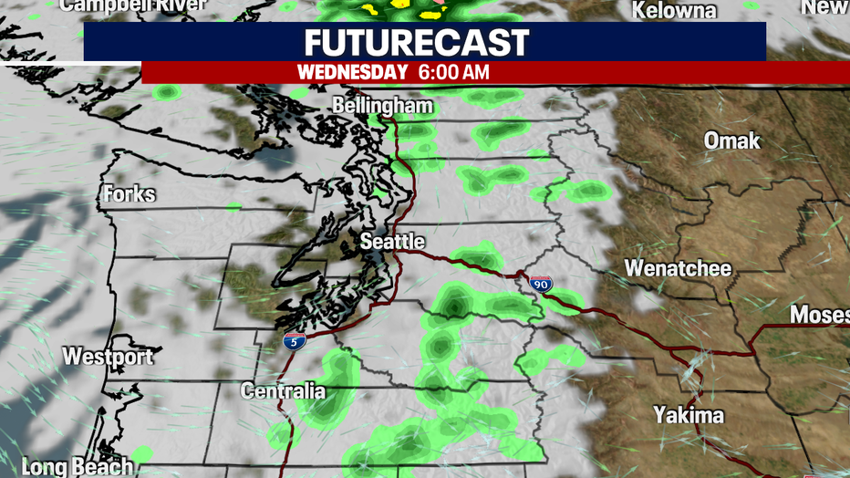 A map showing the forecast rain on Wednesday morning.