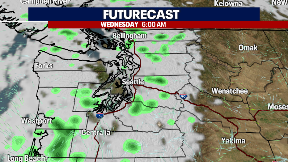 A map showing the forecast rain on Wednesday morning.