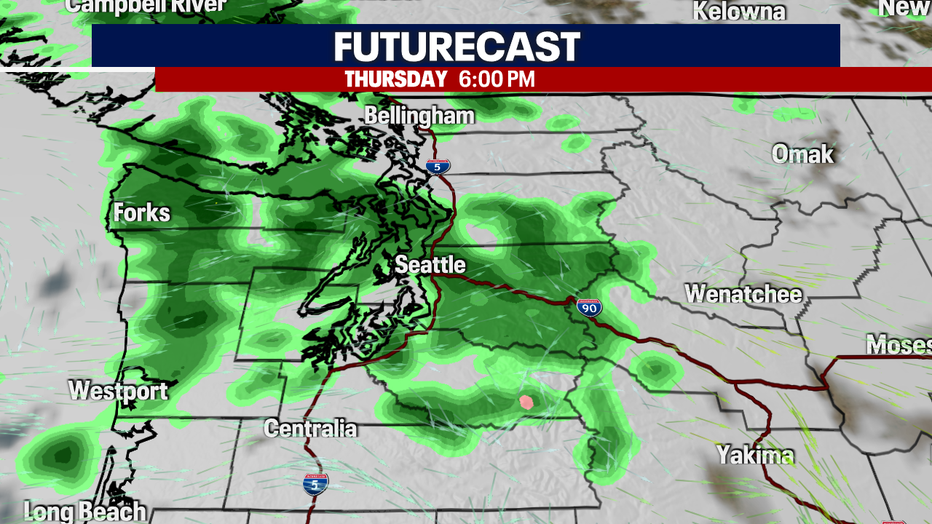 A map showing the rain forecast on Thursday evening.