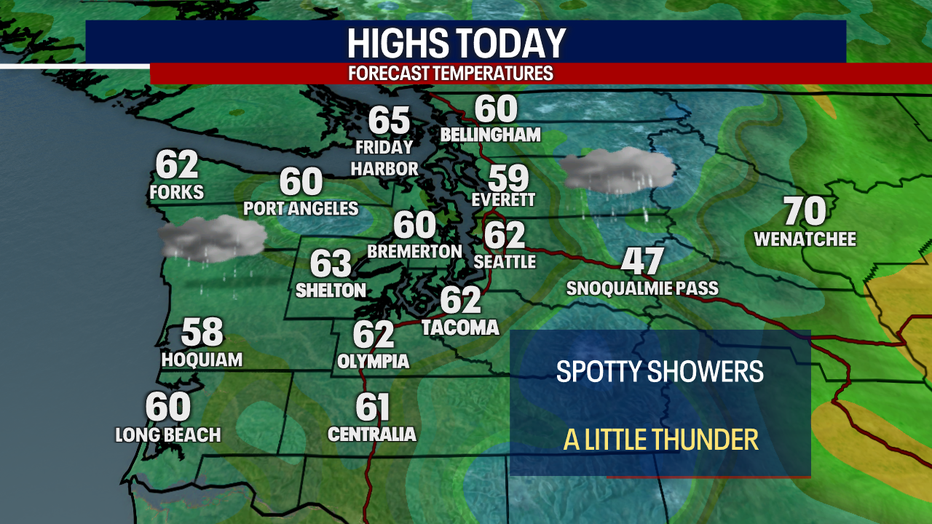 A map showing the high temperatures forecast for Friday in Western Washington.