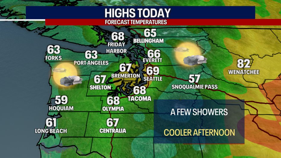 A map showing the forecast high temperatures Tuesday in Western Washington.