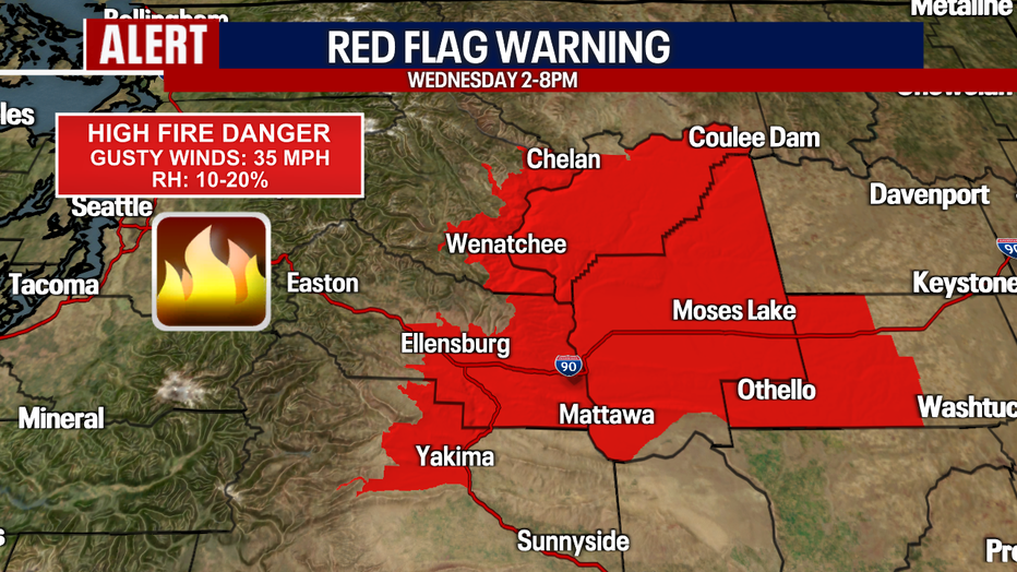 A map showing the Red Flag Warning in effect in Central Washington.