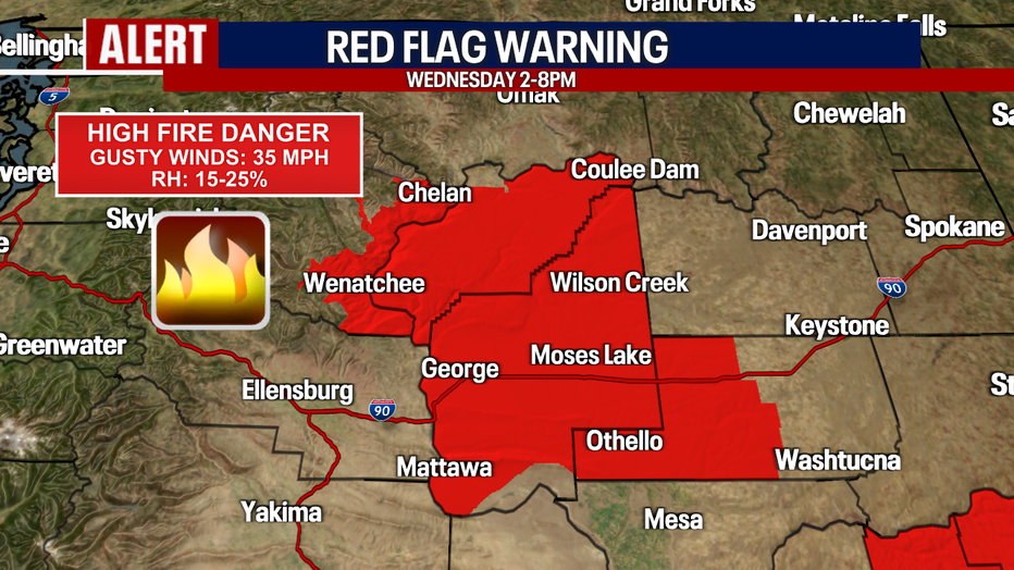 A map showing the Red Flag Warning in Central Washington Wednesday afternoon.