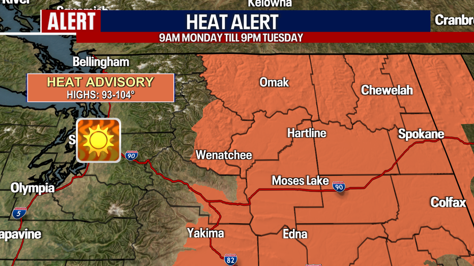 A map showing at heat advisory in effect for central and eastern Washington.
