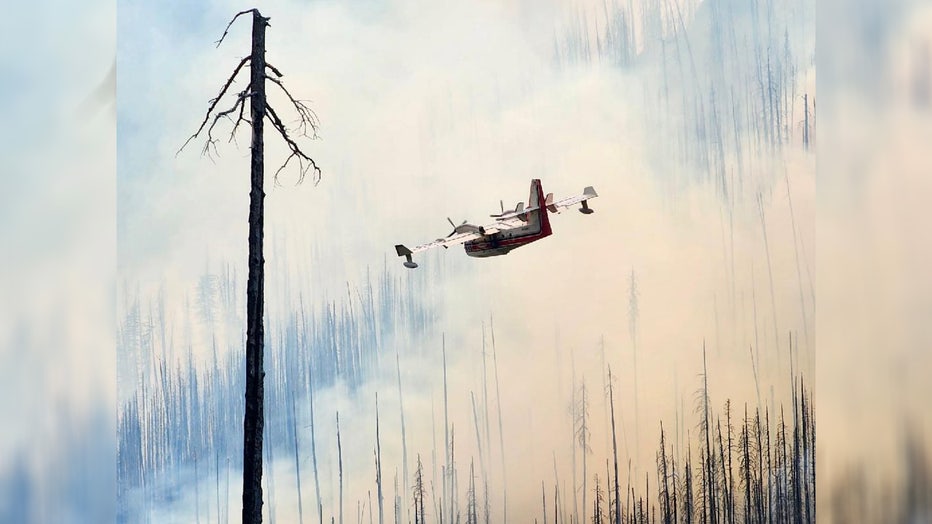 A scooper aircraft flys over the Pomas Fire on June 18, 2025.