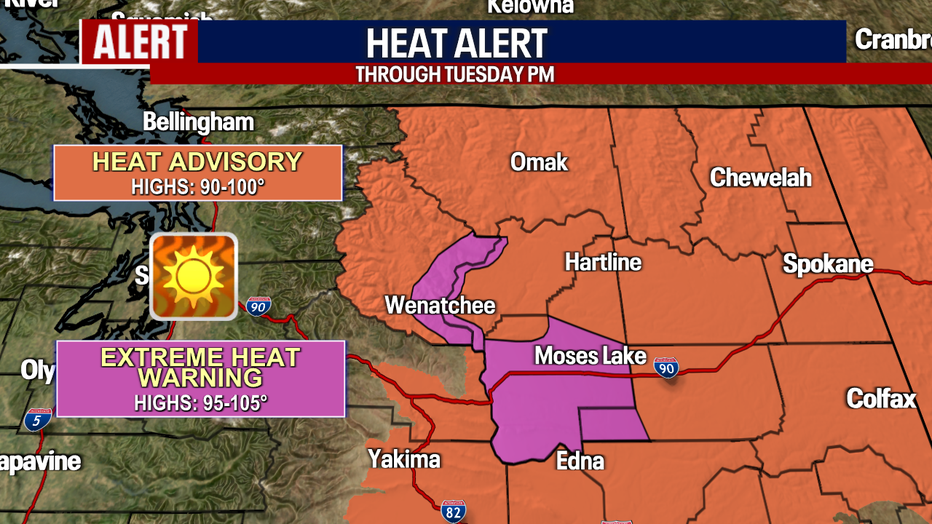 Heat Alerts are posted for Eastern Washington on Tuesday.