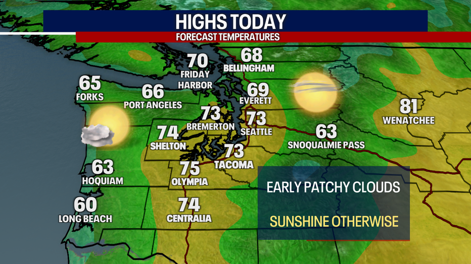 Warm, sunny weather can be expected in Seattle on Tuesday.