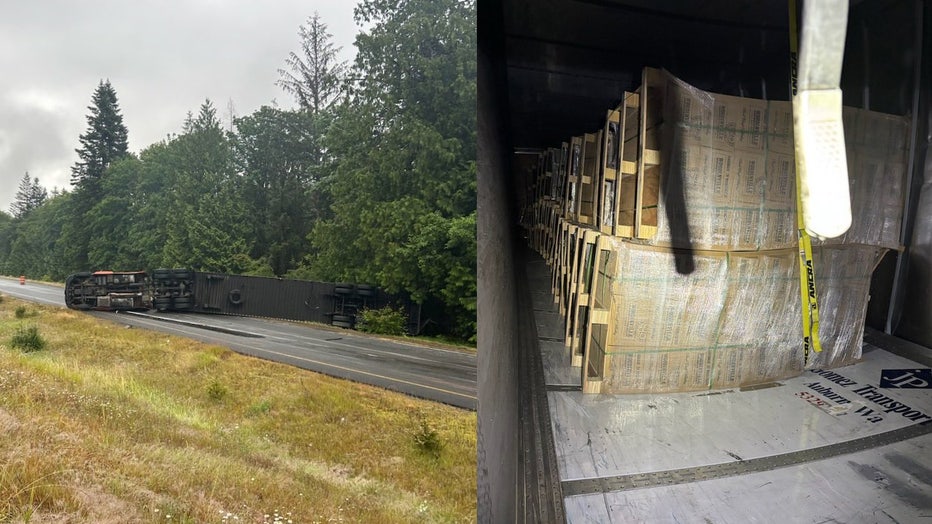 Travelers are warned to expect delays on I-90 through Snoqualmie as crews work to remove a semi-truck that rolled over Friday morning. Washington State Patrol Trooper Rick Johnson announced the crash on social media at 7:35 a.m., sharing a photo of the overturned semi on eastbound I-90 at milepost 45. In a follow up post, Johnson announced that the driver of the semi was not injured, and no other cars were involved. Inside the truck were 10,000 bottles of Woodinville Whiskey.