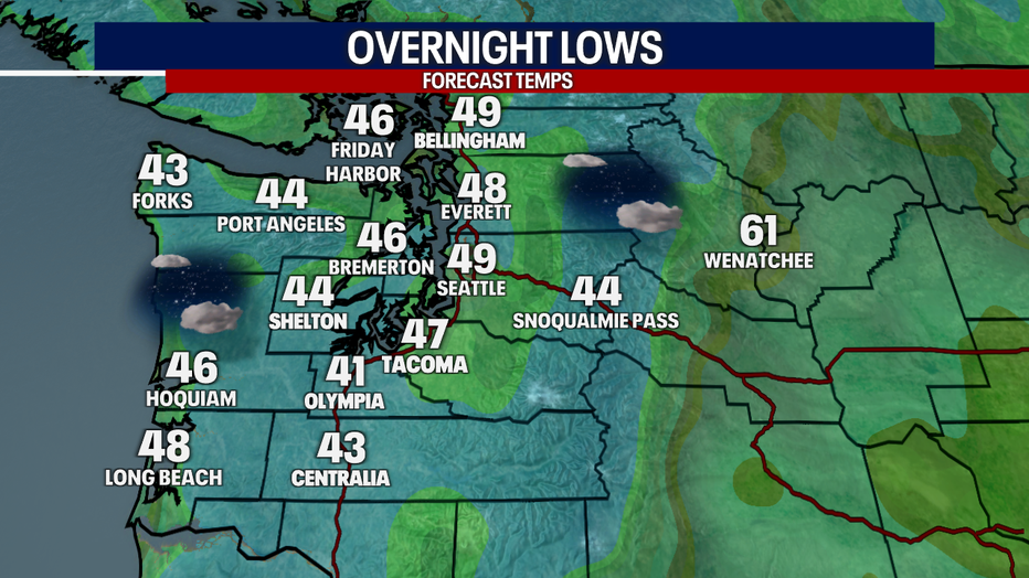 Partly to mostly cloudy skies are predicted in Seattle into early Monday.