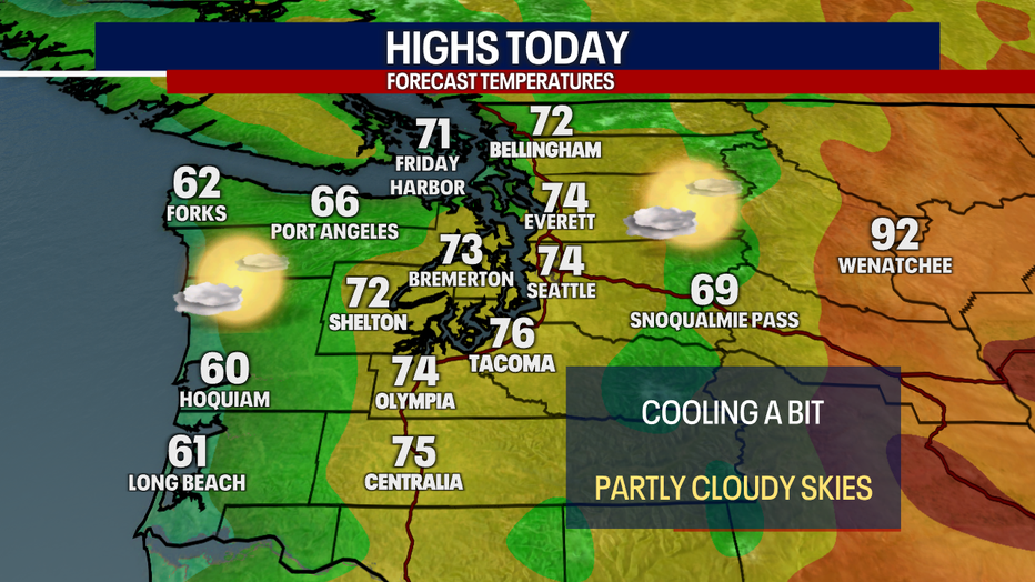 A map showing the high temperatures forecast for Wednesday in Western Washington.