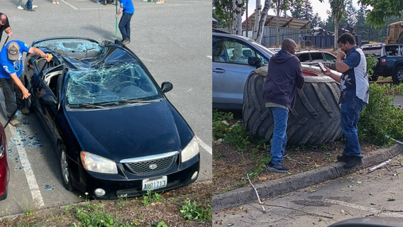 Monster truck tire flies off, crushes car in Kitsap County, WA parking lot