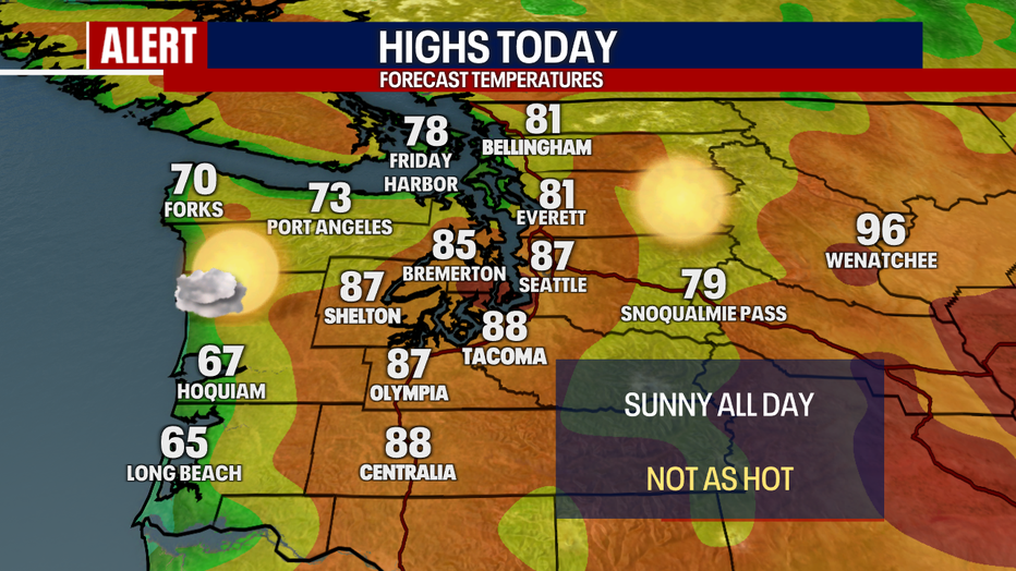 A map showing the high temperatures forecast for Western Washington Thursday.
