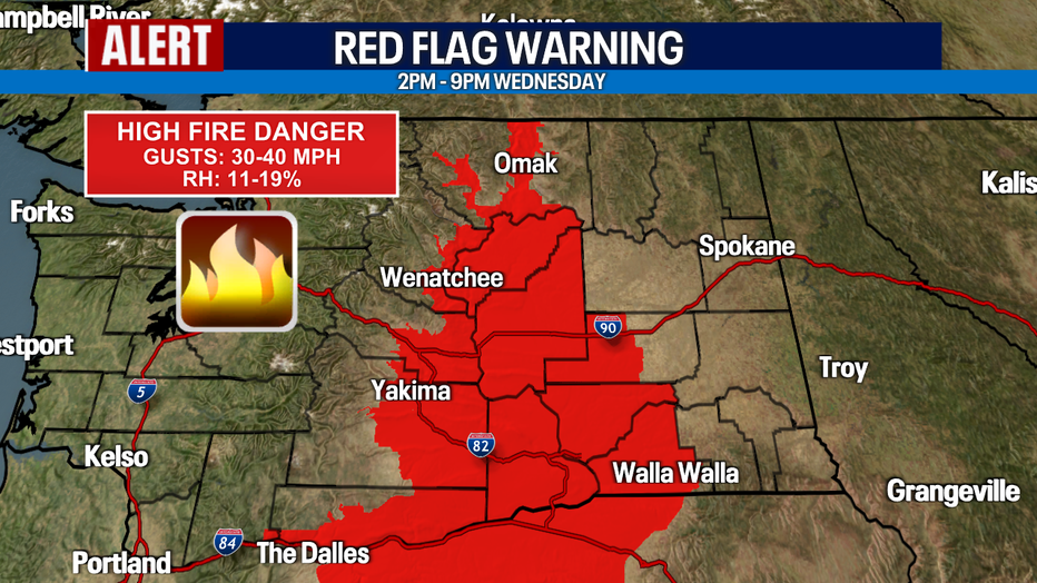 A map showing the areas where a Red Flag Warning is in effect.