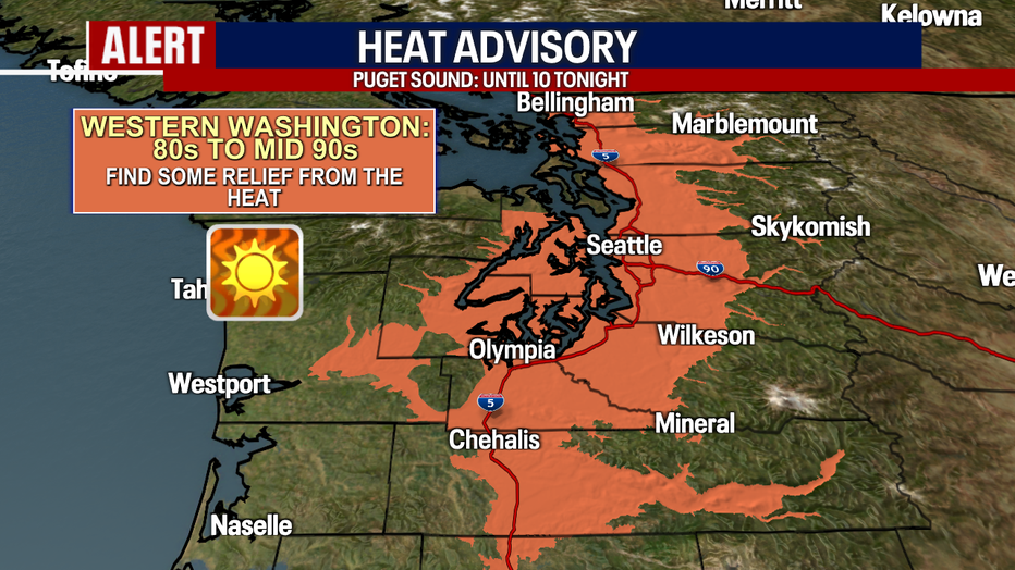 A map showing the areas where a Heat Advisory is in effect.