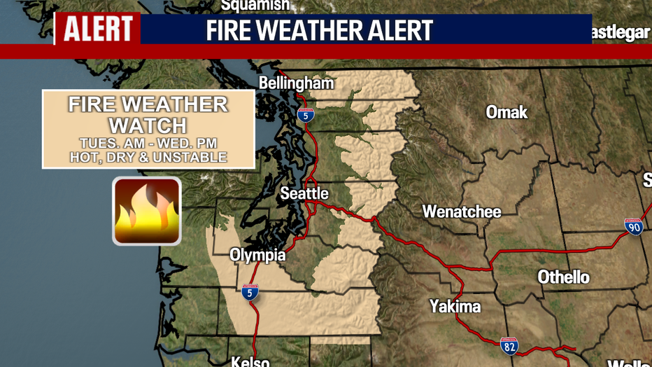 A map showing the areas of a Fire Weather Watch.