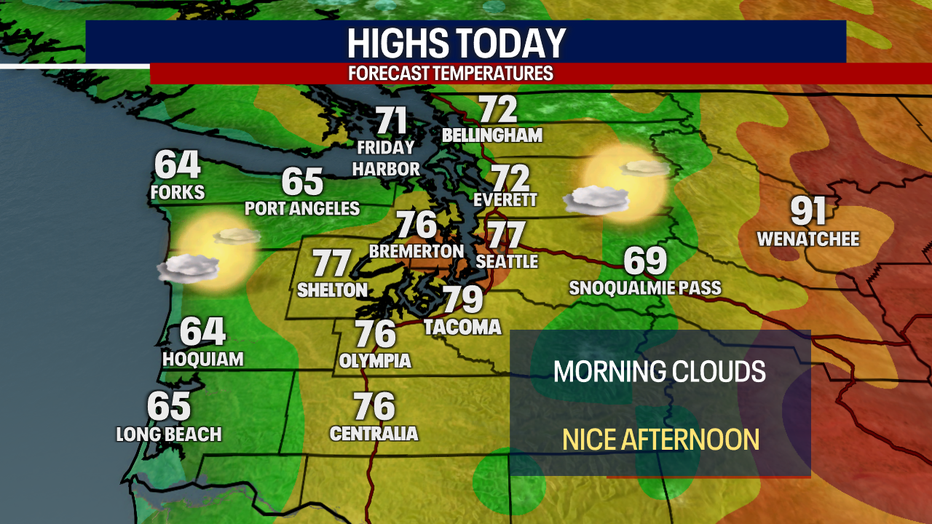 A map showing the forecasted high temperatures Wednesday in Seattle.
