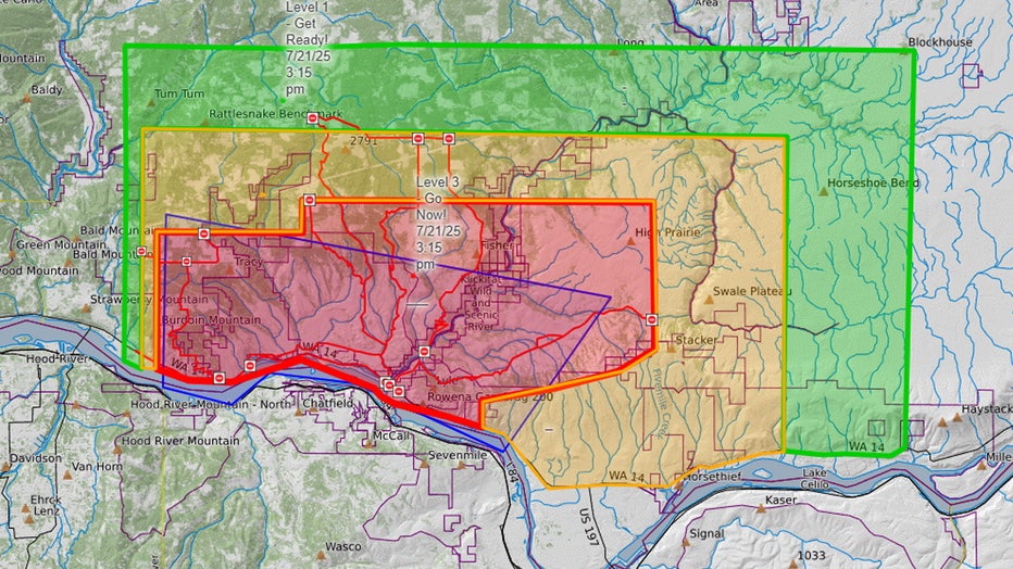 Burdoin Fire evacuation map. Red zones are level 3, yellow zones are level 2, green zones are level 1 evacuation zones