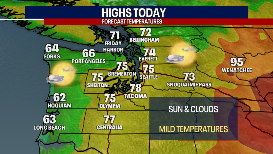A map showing the forecasted high temperatures Friday in Western Washington.