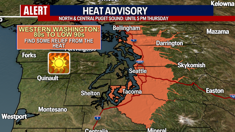 A map showing the area of a Heat Advisory in Western Washington.