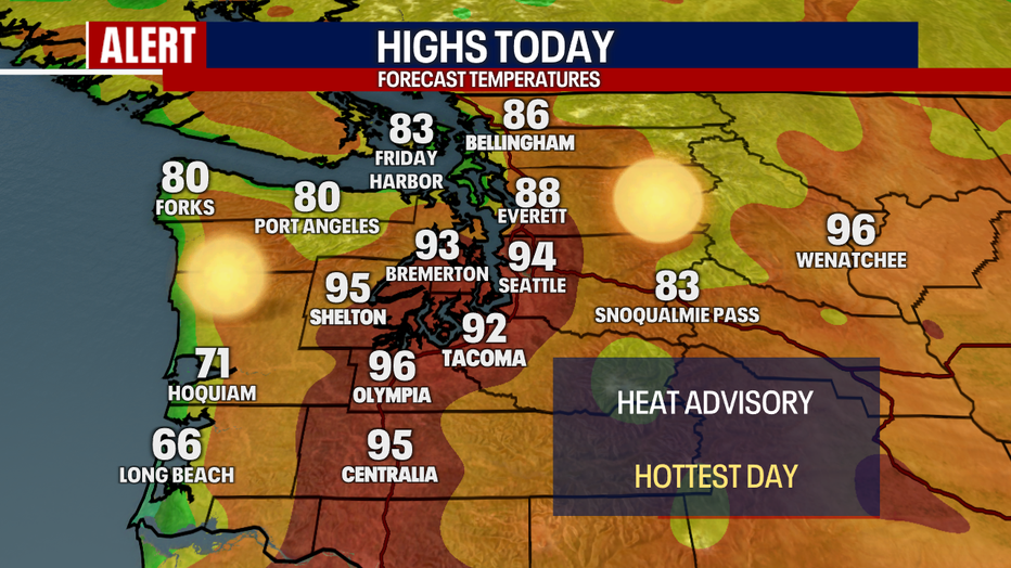 A map showing the high temperatures expected Wednesday in Western Washington.