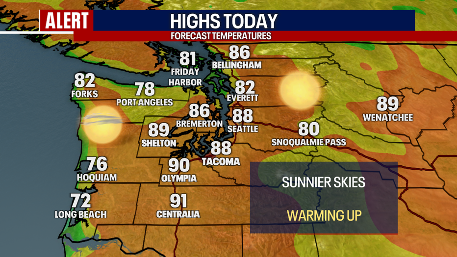 A map showing the high temperatures expected in Western Washington Tuesday.