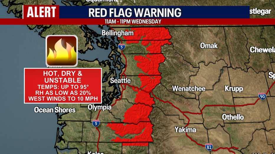 A map showing the areas of a Red Flag Warning.