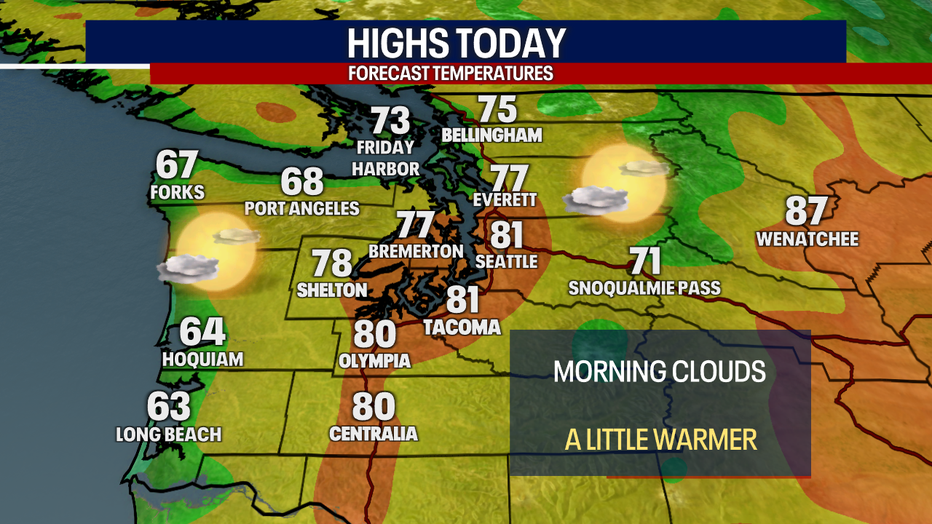 A map showing the high temperatures expected for Tuesday in Seattle.