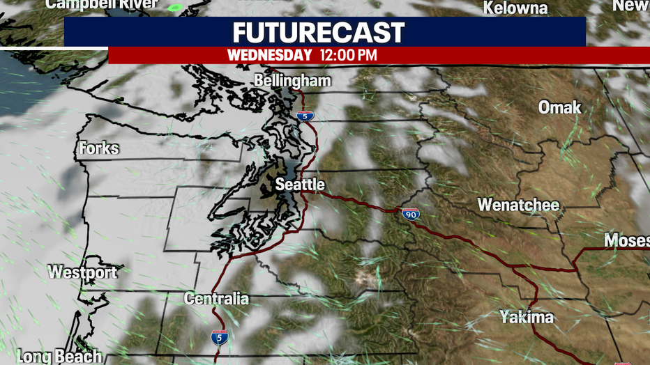 A map showing the forecast clouds for Western Washington.