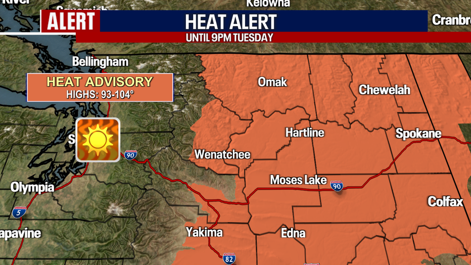 A map showing at heat advisory in effect for central and eastern Washington.