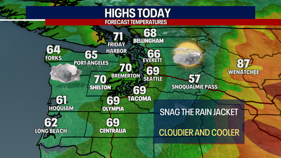A map showing the high temperatures forecast for Wednesday in Western Washington.