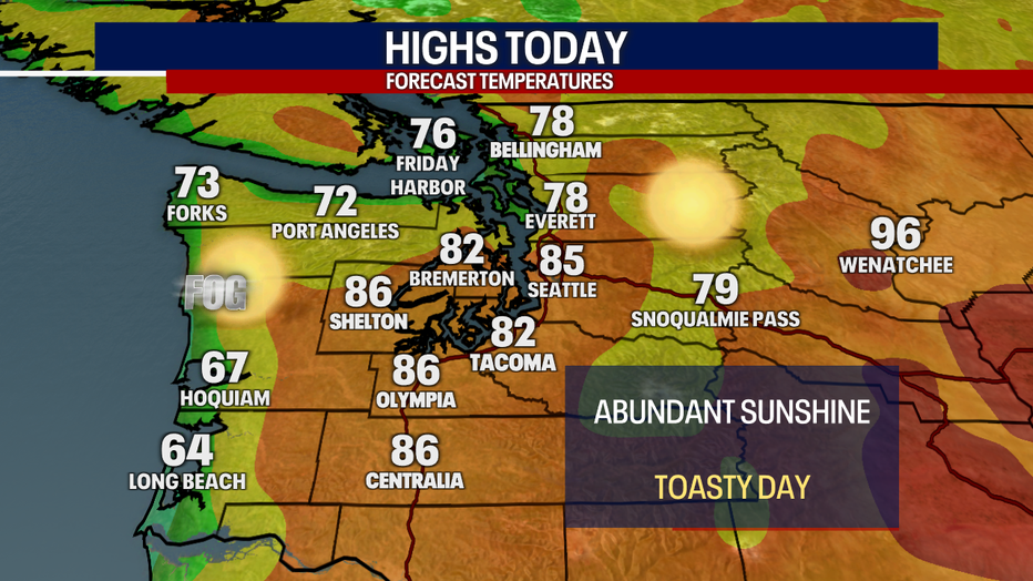 Highs will soar about the average on Monday in Seattle, reaching the mid 80s.