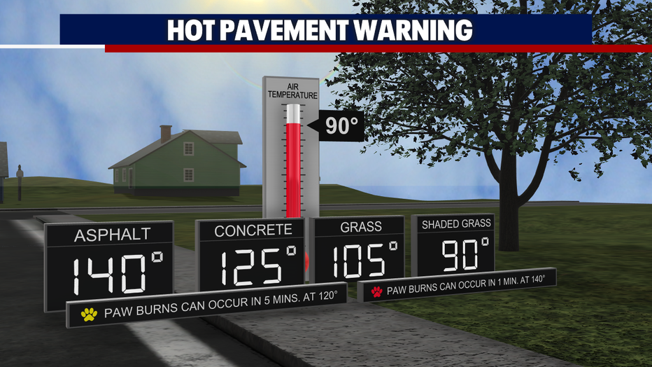 A graphic showing how hot asphalt and concrete can get on hot days.