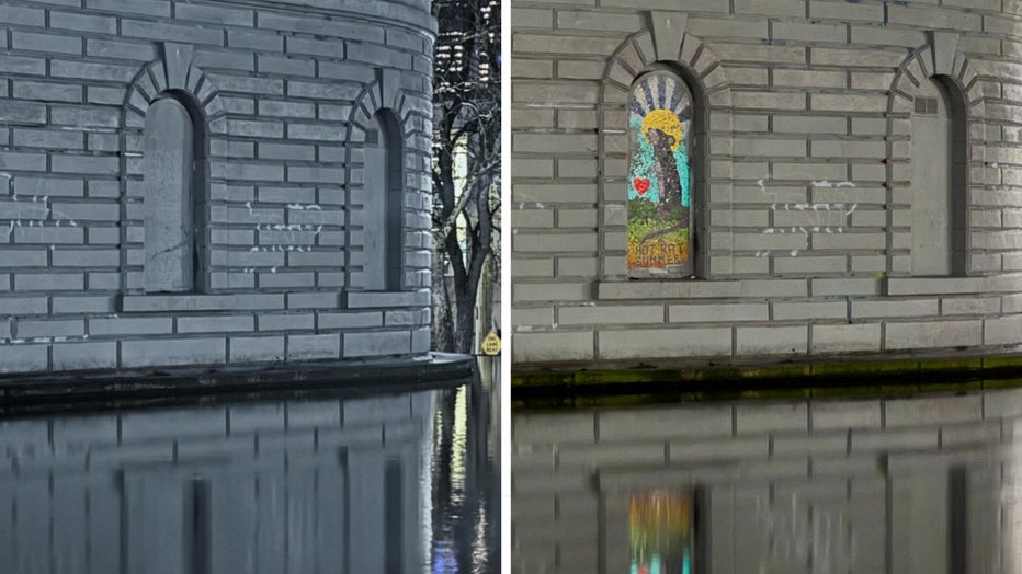 Photo of Hot Rat Summer mosaic mural in Seattle's Cal Anderson Park. City officials covered the mural in paint. The community chipped off the paint to reveal Saint Rat and the Hot Rat Summer mural