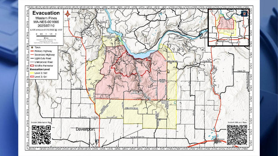 Evacuation orders issued for Western Pines Fire near Davenport, WA The Western Pines Fire has grown an additional 700 acres since Thursday, and is threatening homes. Officials have expanded Level 3