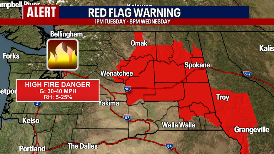 Hot, dry weather will persist in Eastern Washington on Tuesday and Wednesday.
